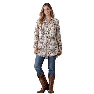 Tasha Polizzi Western Print Rolled Sleeve Tunic With Pockets White Brown Size M